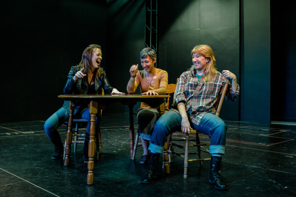 The cast of TNB's Marion Bridge share a laugh during rehearsals. L-R: Kim Parkhill, Michelle Polak, Jackie Torrens.
